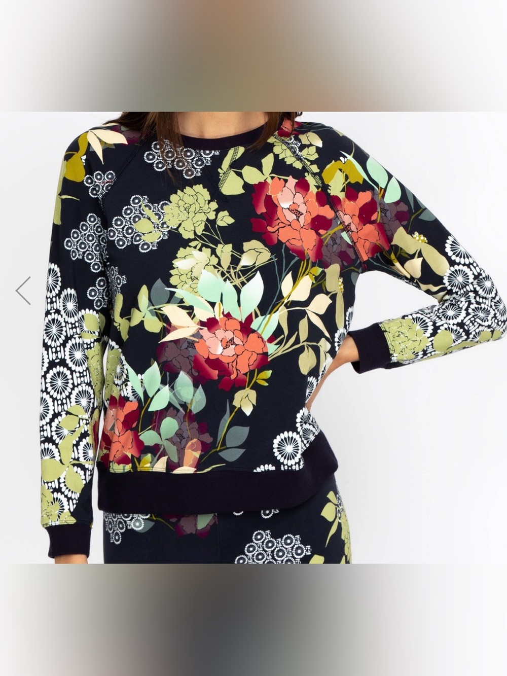 Johnny Was Sierra Raglan Black Crewneck Floral Sweatshirt Cotton Women’s XXL